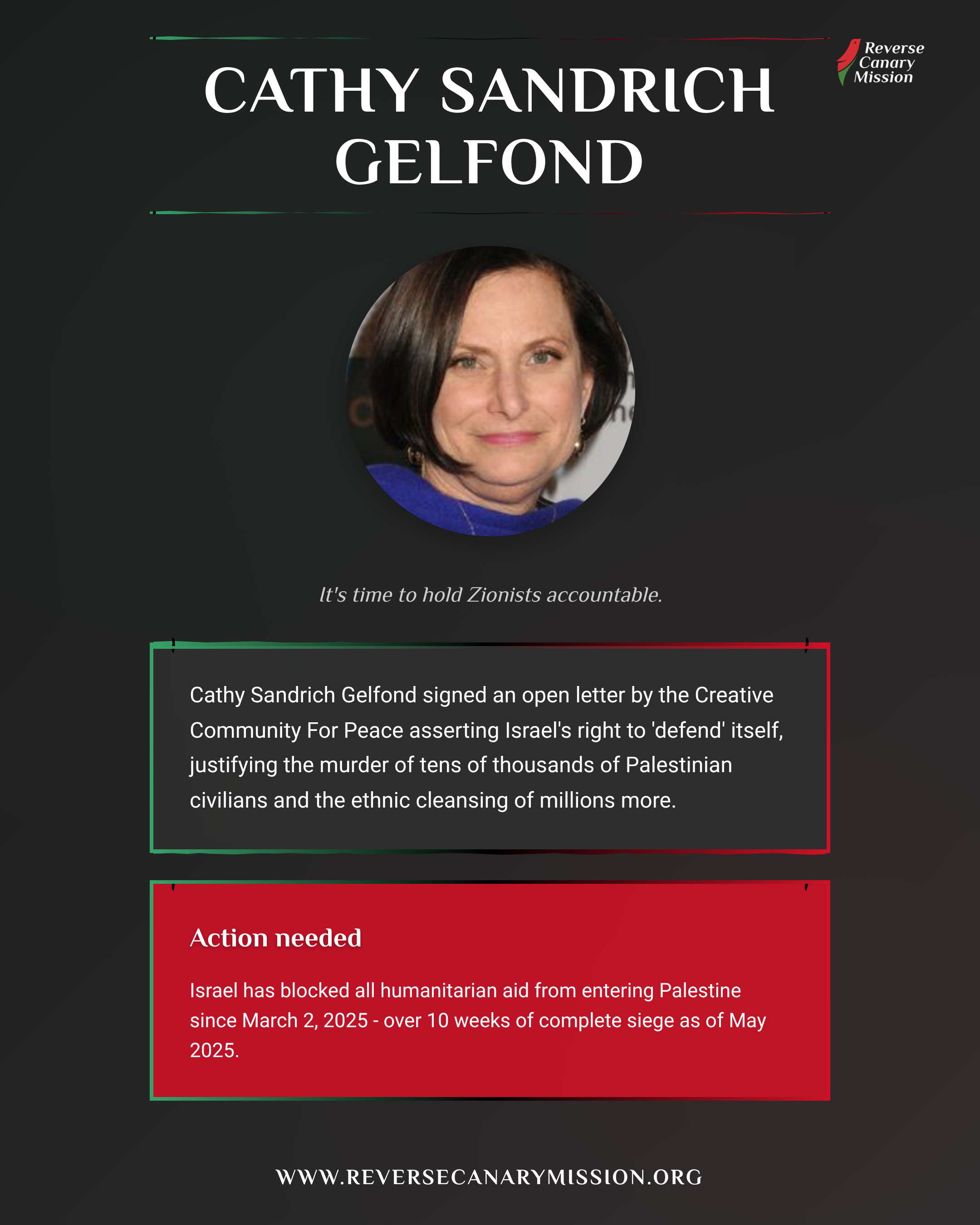 Cathy Sandrich Gelfond - Complicit in Apartheid | Reverse Canary Mission