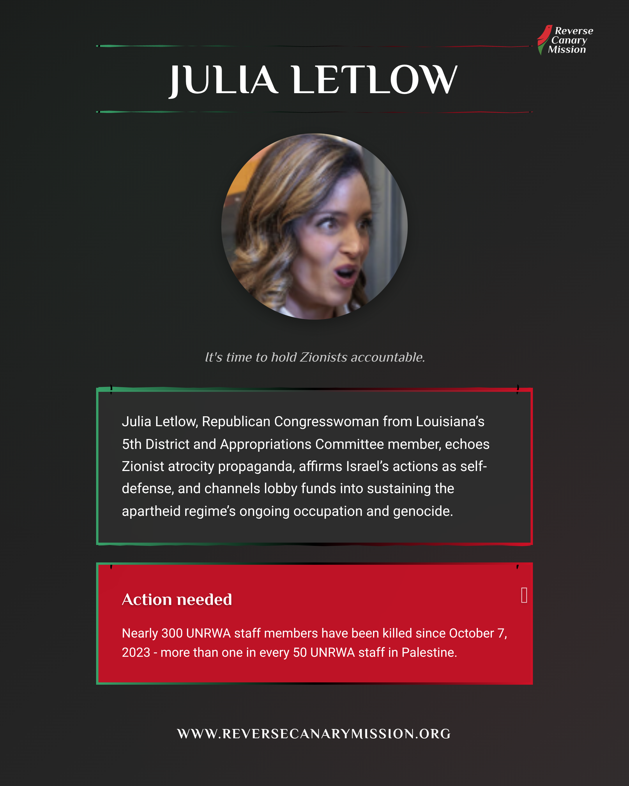 Julia Letlow - Complicit in Apartheid | Reverse Canary Mission