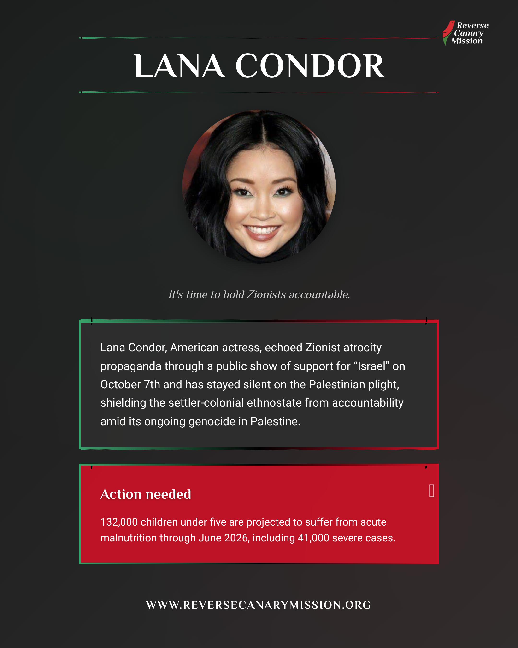 Lana Condor - Complicit in Apartheid | Reverse Canary Mission
