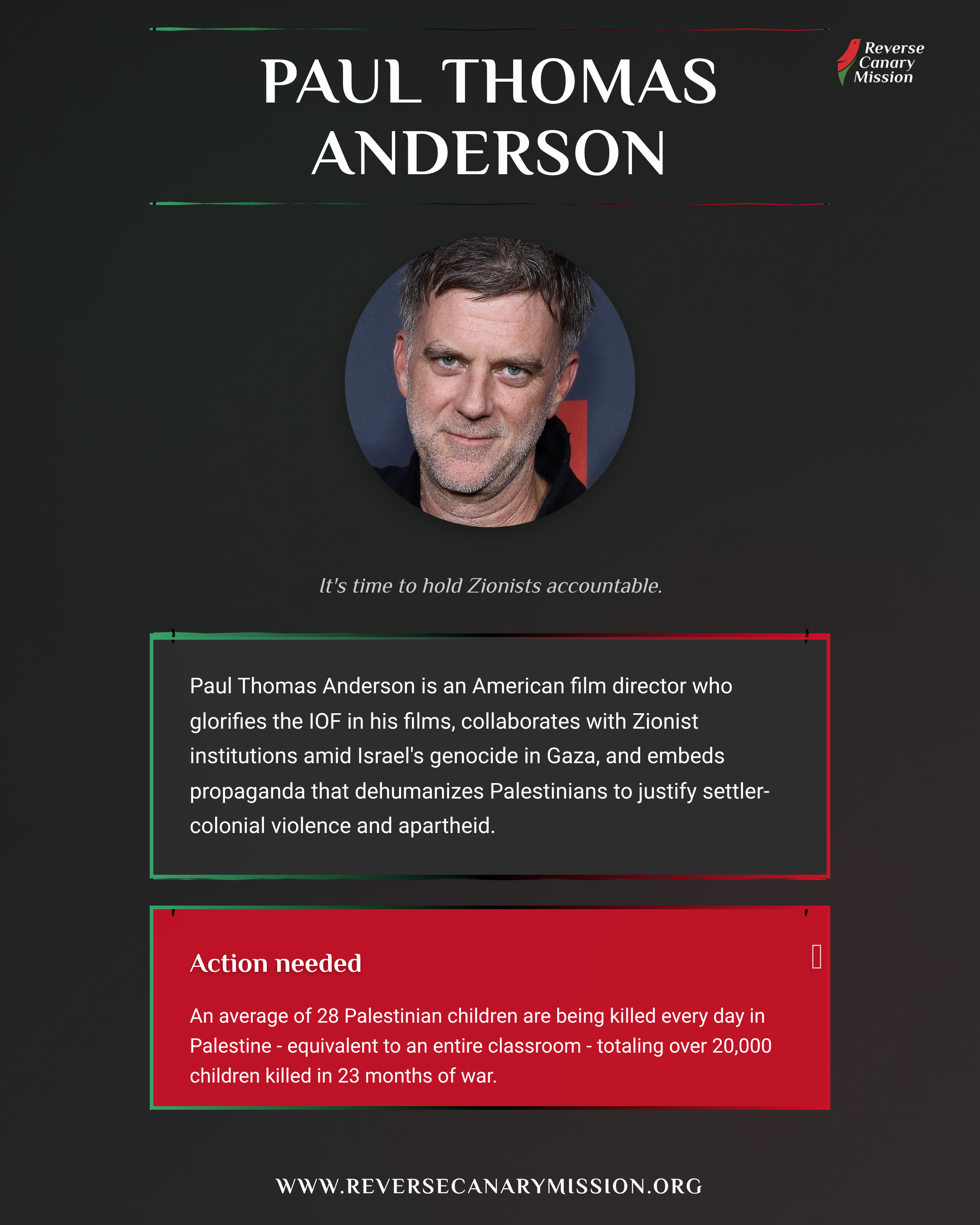Paul Thomas Anderson - Complicit in Apartheid | Reverse Canary Mission