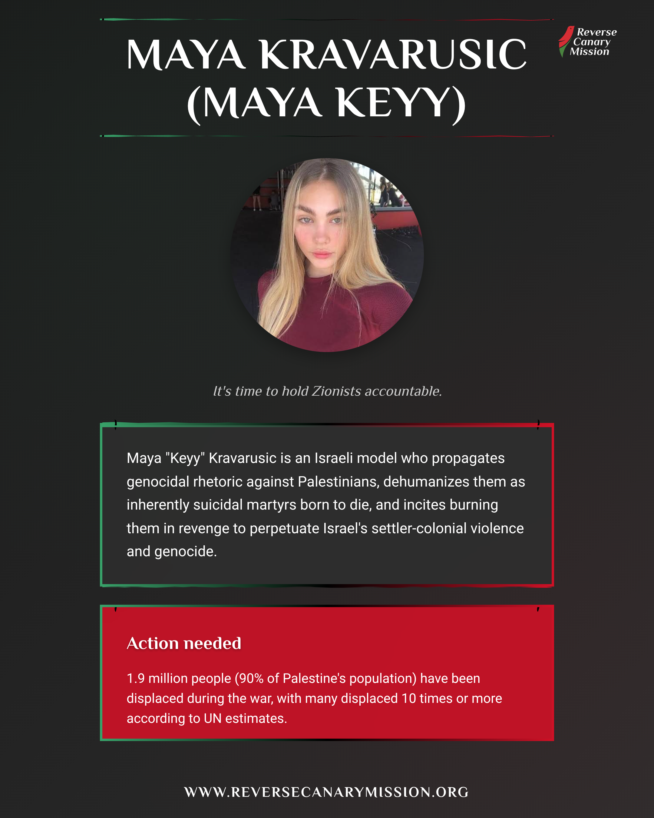 Maya Kravarusic (Maya Keyy) - Complicit in Apartheid | Reverse Canary ...