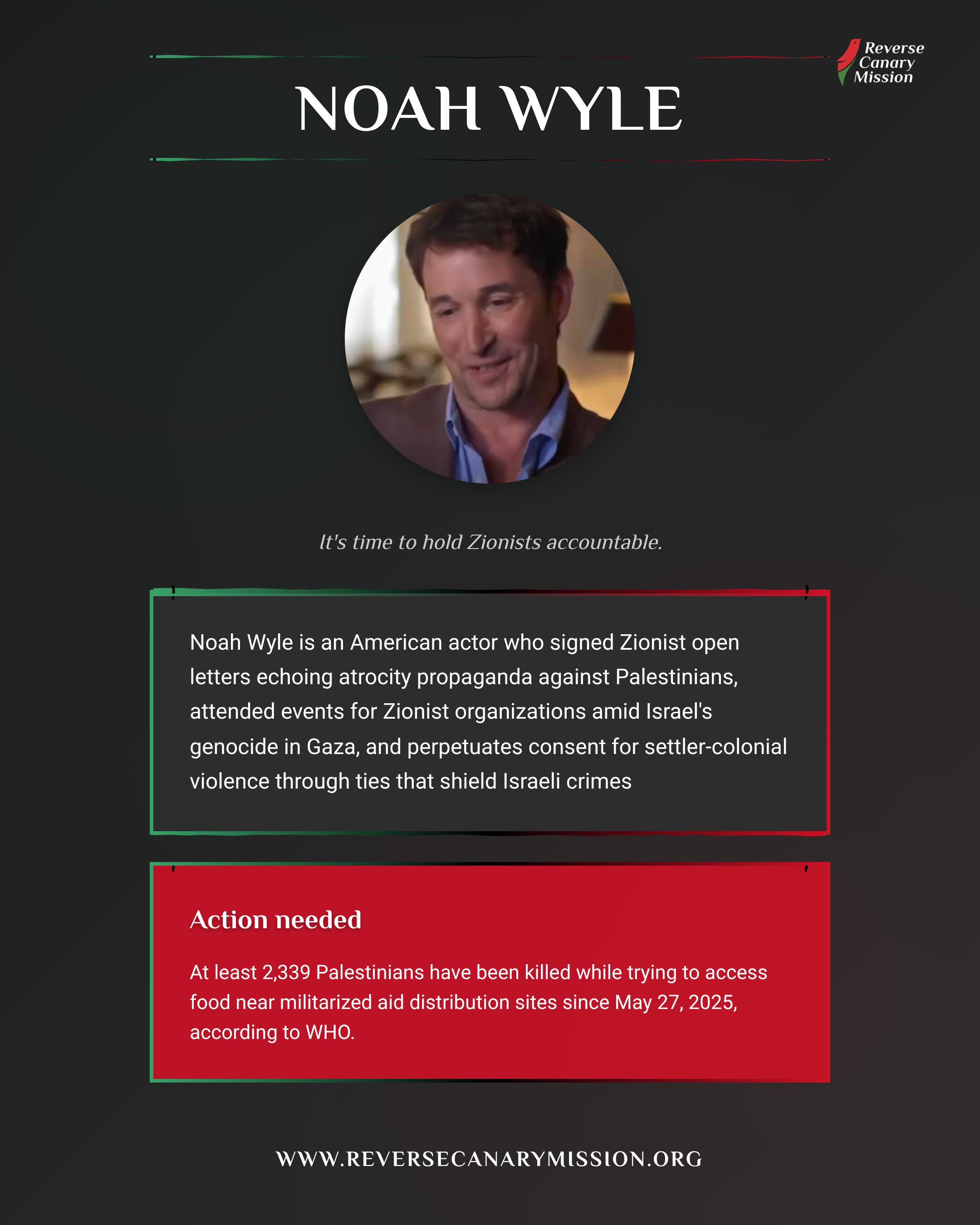 Noah Wyle - Complicit in Apartheid | Reverse Canary Mission