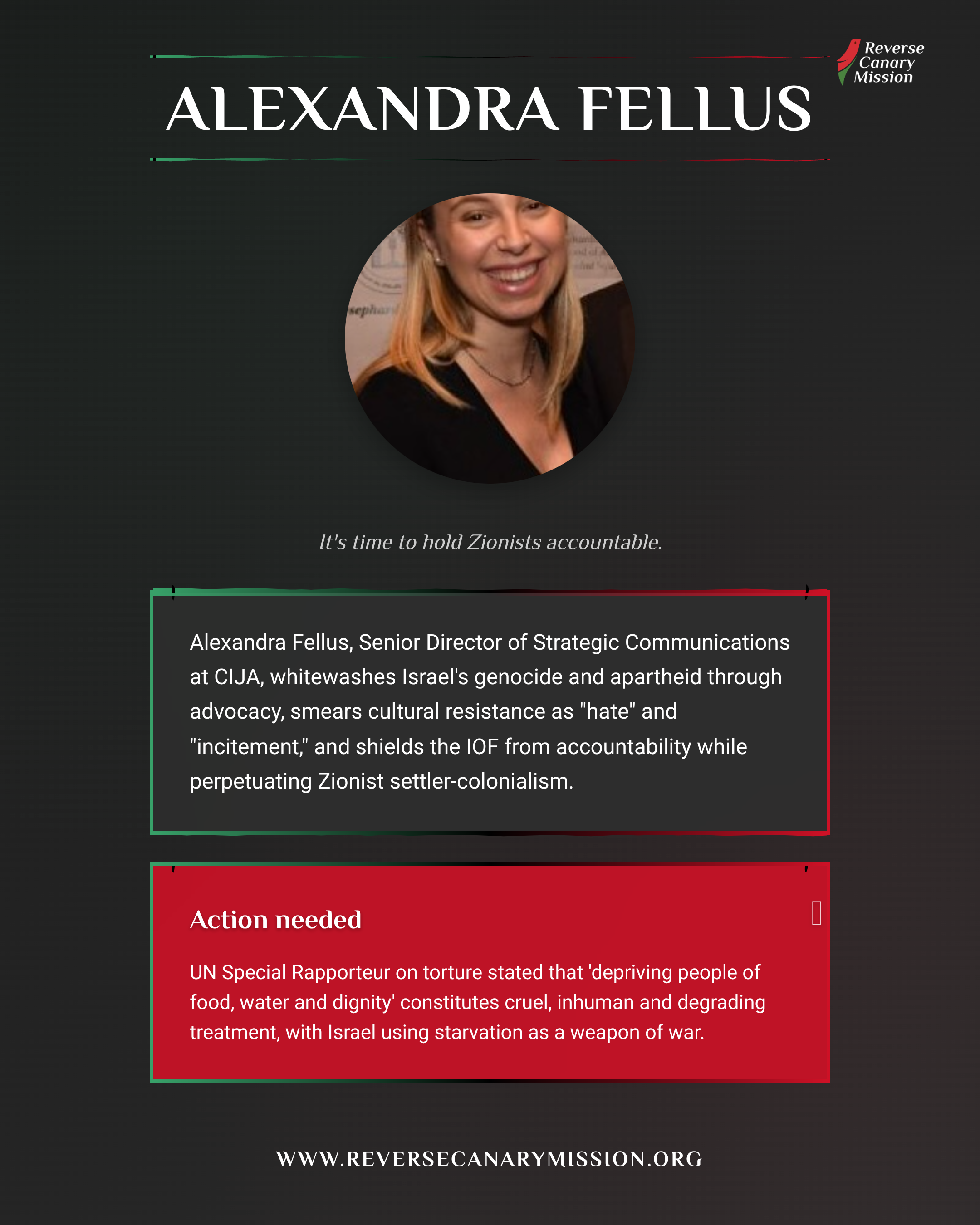 Alexandra Fellus - Complicit in Apartheid | Reverse Canary Mission